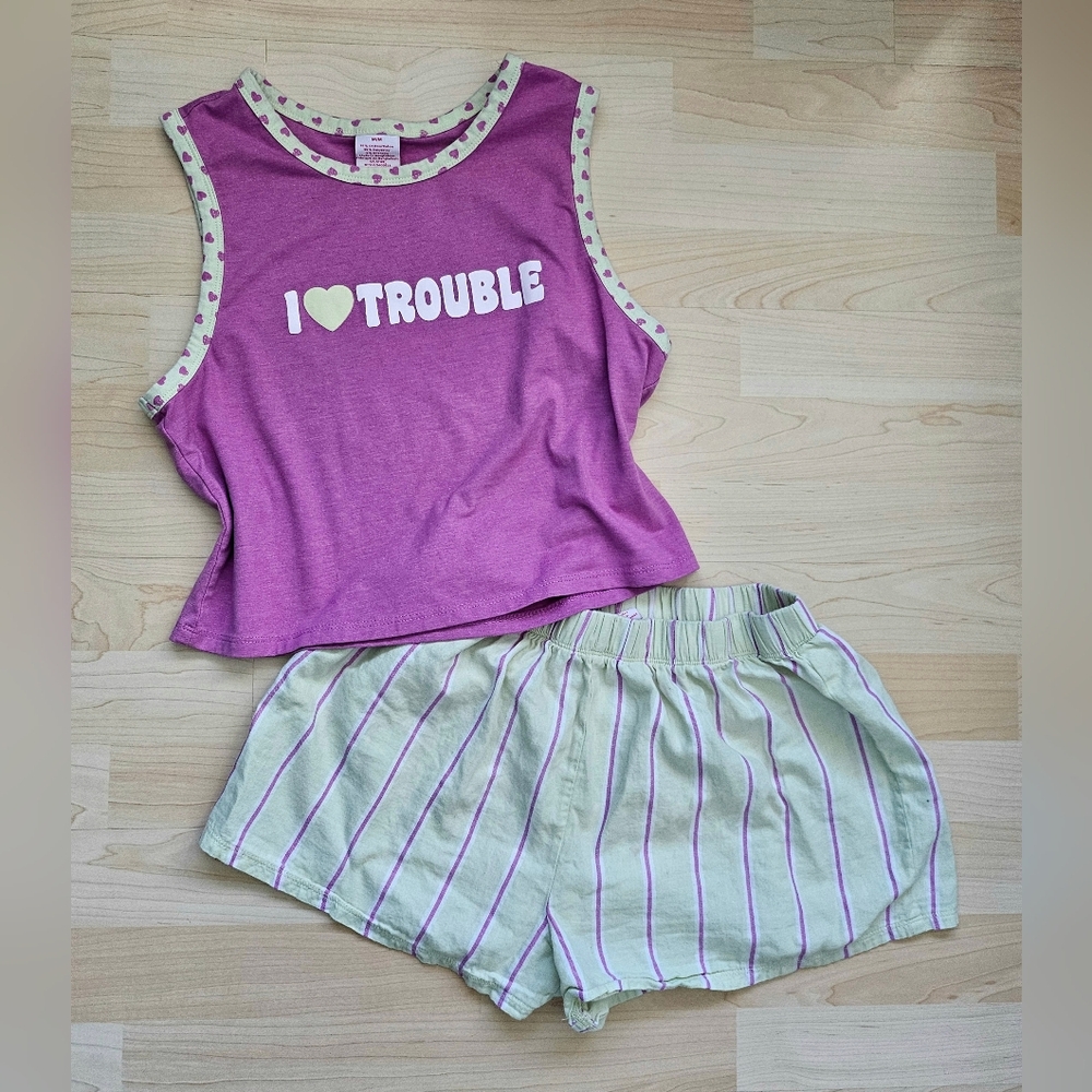Y2K Inspired Sassy Girl Hearts And Graphic PJ Striped Shorts And Crop Top Set